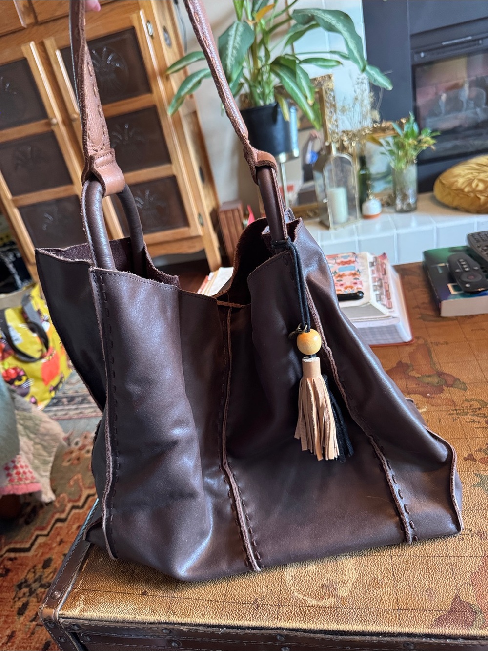 The Sak Dark Brown Shoulder Tote with Tan Handle and Tassel - Picture 2 of 6